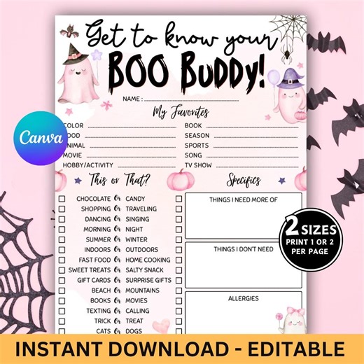 Halloween Boo Buddy Questionnaire, Editable Boo Buddy Canva Template, Boo Basket Gift Exchange Game, Coworker Gift Exchange Survey - PDF - Etsy