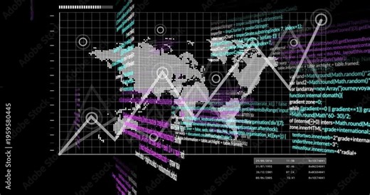 white dotted world map floating over dark grid, showing cyan purple code snippets and data charts