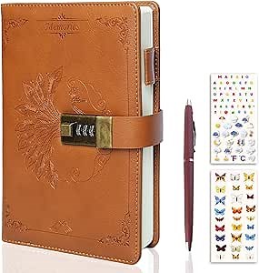 Diary With Lock for Women & Adults, A5 Refillable Leather Locked Journal for Girl & Boy 250 pages, Password Lockable diaries with Pen & Stickers, and Gift Box (Brown)