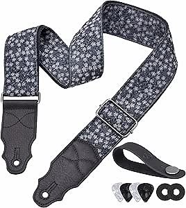 Guitar Strap, Head Layer Cowhide Leather End, 2 Inches Wide, for Acoustic and Bass Electric Guitars, Free Button, 2 Strap Locks and 4 Guitar Picks