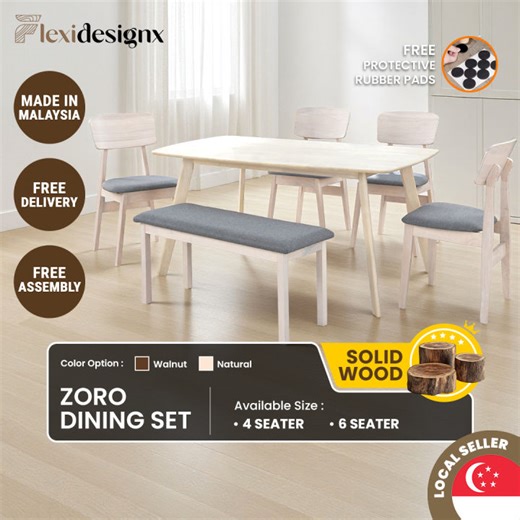 Flexidesignx ZORO Solid Wood Dining Set 4-6 Pax Natural Walnut Table & Chair | Lazada Singapore