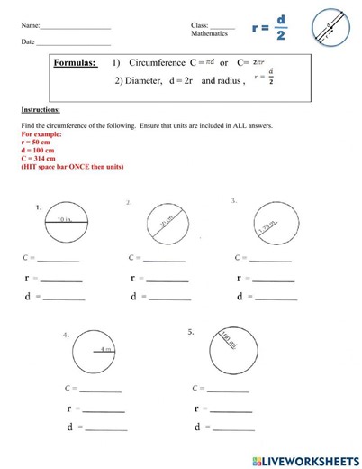 Radius, Diameter and Circumference of a Circle worksheet