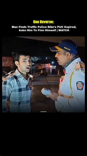 Bharat Beat on Instagram: "In this viral video, a classic "Uno Reverse" moment unfolds on the streets of Mumbai. A common citizen, reportedly recently fined himself for a traffic violation, decides to turn the tables on the authorities. Using a vehicle tracking app, he discovers that a parked Mumbai Traffic Police motorcycle (Registration MH-01-EH-3999) has a Pollution Under Control (PUC) certificate that expired over a year ago (specifically on February 7, 2023). The man politely but firmly con