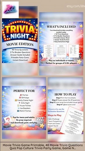 Movie Trivia Game Printable, 40 Movie Trivia Questions Quiz Pop Culture Trivia Party Game, Game N...