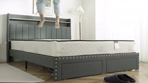 EnHomee Full Size Bed Frame, Upholstered Full Bed Frame with 2 Storage Drawers and 2-Tier Headboard, Vertical Tufted Headboard Design, Extra Storage Space for Bedroom Apartment, Grey