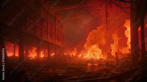 Fire Burning Inside Building - Danger, Flames, Smoke, Emergency, Building, Firefighters, Destruction, Inferno