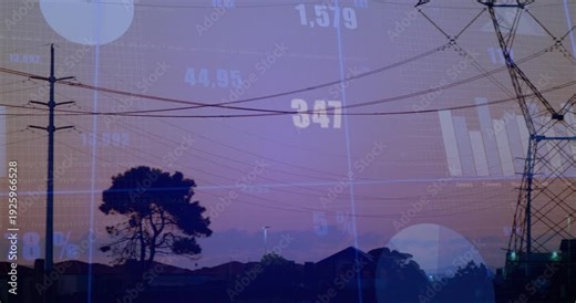 Sunset sparking data overlay, towers shifting right, lines crossing, numbers changing to show grid