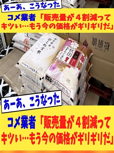 コメ業者「販売量が４割減ってキツい…もう今の価格がギリギリだ」