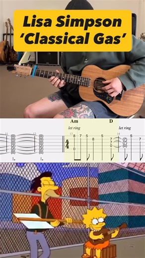 Kyle Collins on Instagram: "Classical Gas - Lisa Simpson (Guitar Cover with TABS) | From the TV show ‘The Simpsons’ Season 4 Episode 17 Last Exit to Springfield (1993) @matonguitars #fyp #music #cover #guitar #guitarra #foryoupage #guitarlessons #fyp #guitartok #guitartok #guitartab"