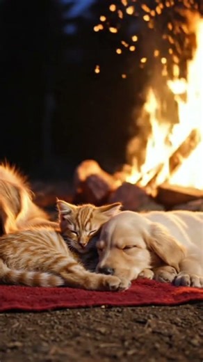 Warm Fireplace Sounds with Puppy & Kitten | Sleep, Relax, Heal