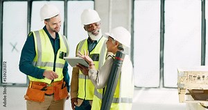 Engineer, contractor and architect with tablet in conversation on project management, strategy and planning. Teamwork, men and woman in construction for safety, building maintenance and architecture.