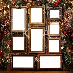 Maquette de cadre mural de galerie de Noël vintage unique en or et en bois, maquette de cadre photo vertical et horizontal pour les fêtes, pour toile - Etsy France