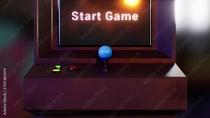 Insert coin in eighties arcade game machine. Start game text on screen. 3D Animation render. Isolated closeup.