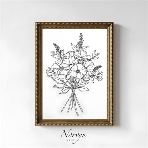Floral Line Art Bouquet – Minimal Botanical Flower Illustration - Etsy