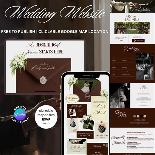 Brown Ivory Wedding Website Template With Clickable Online RSVP Form, Digital Wedding Invitation Animated Save the Date, Wedding Countdown - Etsy