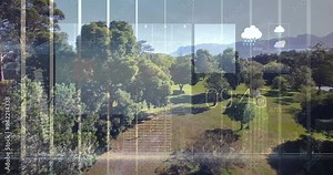 Weather forecast animation over scenic park landscape with trees and mountains