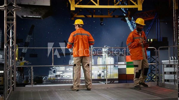 Worker in hard hat conducts system inspections on offshore drilling rig from industrial platform, focusing on marine fossil fuel extraction and monitoring practices for oil production. Camera A.