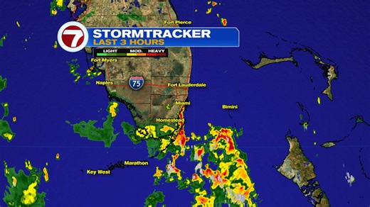After a lull, an area of storms has moved into Biscayne Bay and will "brush the beaches" soon. Coastal areas will likely see flashes of lightning and get another burst of heavy rain. | 7Weather
