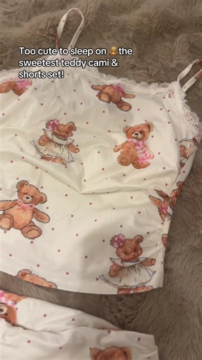 Super cute cami and shorts pyjama set featuring adorable teddy bear prints. Soft, comfy and lightweight, it’s perfect for cosy nights, lazy mornings or lounging around the house. A must-have for anyone who loves cute and comfy sleepwear. #CutePyjamas #TeddyPrint #CamiSet #PyjamaSet #SleepwearStyle