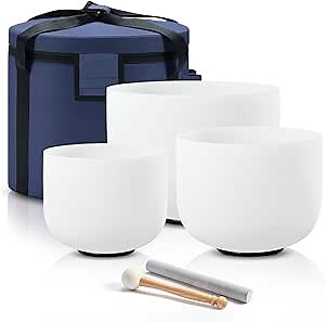 440HZ Crystal Singing Bowls Set of 3, 8''-12'' Frosted Quartz | 8'' A Third-Eye, 10'' F Heart, 12'' C Root, Carry Bags and Mallet Included