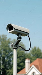 Security surveillance camera attached to tall pole for neighborhood safety, proactive monitoring, and crime detection