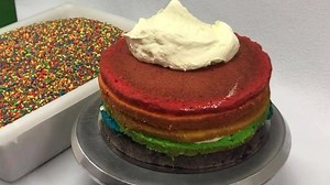 211K views · 239 reactions | Come behind the scenes in-store as we decorate our ever popular Rainbow Cake! Six layers of rainbow coloured vanilla sponge simply layered with fresh cream and covered with rainbow sequins. Perfect for the young and young at heart. See more on the website! | The Cheesecake Shop | Facebook