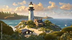 approach Identity Island boat, greeted towering lighthouse shining beacon light towards island. sandy beaches island stretch towards horizon, sound crashing waves heard 2d animation