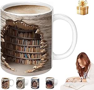 Library Bookshelf Mug, Bookshelf Design Ceramic Coffee Cup with 3D Visual Effect, Book Lovers Gifts for Readers, Librarians, Writers & Book Clubs, 11oz Novelty Mug for Birthday Christmas