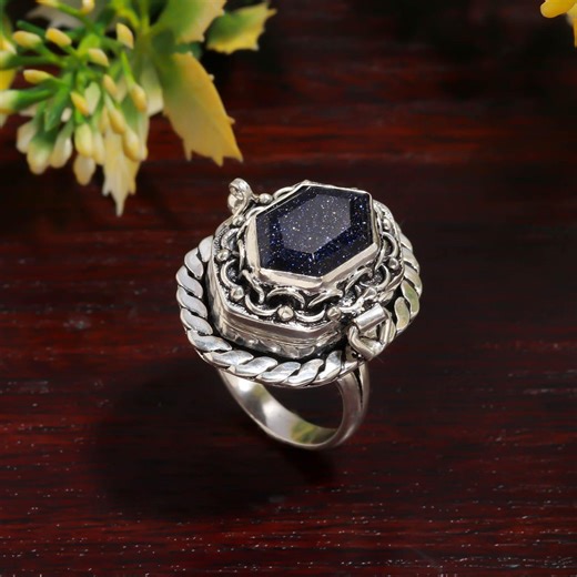 Natural Blue Sandstone Locket Ring : 925 Sterling Silver Boho Poison Ring - Etsy