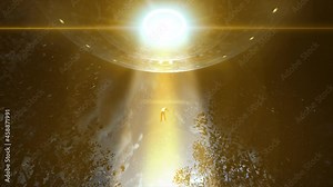 High quality, realistic CGI animation of an alien abduction, with unconcious man floating up a gold beam of light towards a huge rotating flying saucer, spaceship