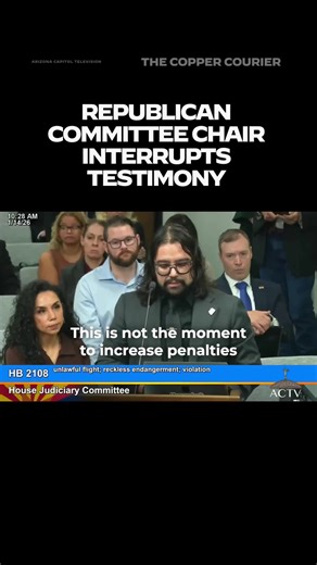 Last week, Republican House Judiciary Committee Chair Quang Nguyen repeatedly interrupted and cut off testimony from Hugo Polanco, representing @ruralazaction, after he referenced the killing of Renee Nicole Good by an ICE officer in Minneapolis. Polanco was testifying against HB 2108, a bill that would create new Class 4 and Class 2 felony categories for fleeing police, on top of existing law that already makes it a Class 5 felony.