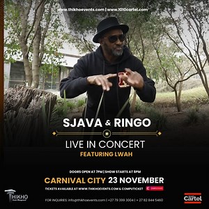 Heita Daar!!! This is Ringo Madlingozi, and I’m specially inviting you to Sjava and Ringo Live in Concert, featuring Lwah, on 23 November 2024 at Carnival City! 🎶 Don’t miss out on this unforgettable night. Get your tickets now at thikhoevents.com or Computicket. See you there! | Thikho Events