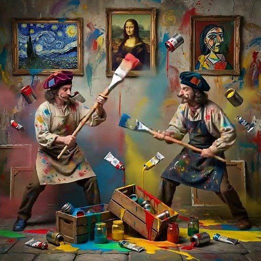 Battle of the arts, artists fighting with paints and brushes🎨 #art #paint #artist #battle #aiart #ai