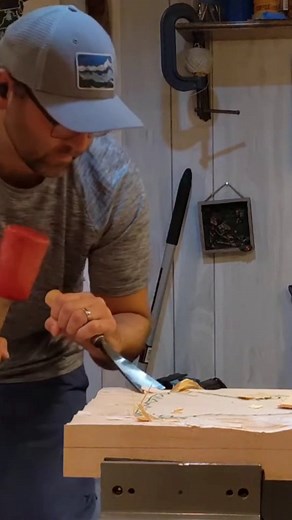 Relief carvings are a fun process, and the first step is blocking out the image you want to be revealed. In this eagle carving, you can see me drawing the image, then using the chisel to create a stop cut around the eagle. Next is chiseling up to the stop cut to remove the wood. Even sped up, it's easy to see that this is a long process. I love this step of the carving because it doesn't take a tremendous amount of concentration but it's a good way to get any aggression out! I'm still editing a 