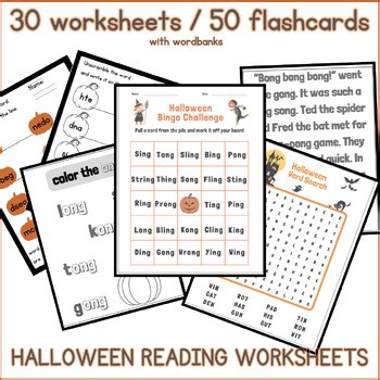 Halloween Phonics and Sight Words Worksheets, Bingo Game, and Decodable Passage