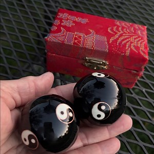 Musical Chinese Baoding Meditation Balls Cloisonne B&W Yin Yang Design 1.5" EUC
