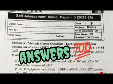 💯9th class maths fa3 real question paper answers key self assessment model 3 real maths paper