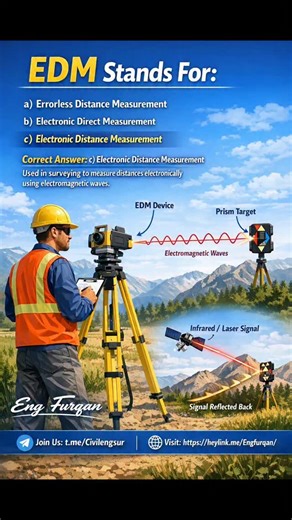 Civil Engineer Surveyor on Instagram: "📏 EDM Stands For — Electronic Distance Measurement Learn one of the most important terms in surveying! EDM is used to measure distances electronically using electromagnetic waves with high accuracy in modern surveying instruments. 📌 Correct Answer: ✅ c) Electronic Distance Measurement 🔗 Join my Telegram Channel: https://t.me/Civilengsur 🌐 Visit My Website: https://heylink.me/Engfurqan/ 📷 Watermark: Eng Furqan #Surveying #EDM #CivilEngineering #LandSurv