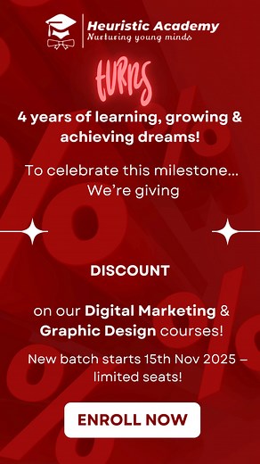  Offer valid till 15th November! Turn your creativity into a career ✨ Join Heuristic Academy’s Digital Marketing + Graphic Design Course and learn how to create viral campaigns, design stunning visuals & master the latest AI tools like ChatGPT, Canva & Meta Ads Manager!  100% Practical Training |  Learn with Experts | 易 Build Your Portfolio  Don’t miss out — enroll before 15th Nov & grab your special offer! | Heuristic Academy | Facebook
