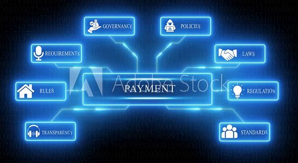 Payment Process Flowchart Digital Network Concept Governance Policies Laws Regulation Transparency Standards Requirements Rules Business Finance Technology Abstract Background
