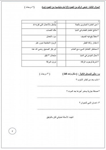 اختبار نهائي دراسات إسلامية سادس ابتدائي الفصل الثاني 1444 🇸🇦 مع الاجوبه