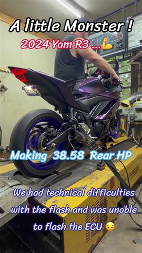 Real horsepower ￼numbers on the dyno with a 2024 Yamaha R3 ￼# dynojet #tunning #yamahar3 #ecu