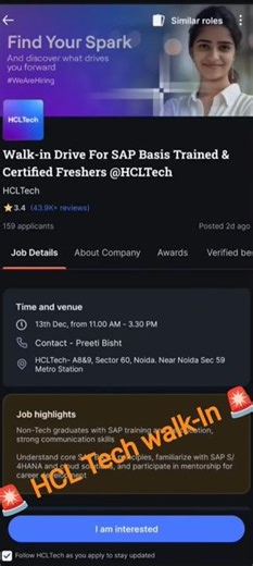 🚨HCL Tech walk-In 🚨 #shorts #vlog #job #walking #update #viralvideo #hcltech