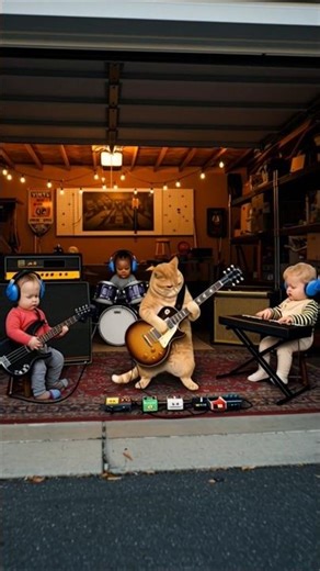 Cat Leads Baby Garage Band! 🎸🐱👶 | Cutest Rock Concert Ever #shortvideo
