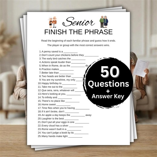 Finish the Phrase Game for Seniors, Brain Game Printable, Retirement, Office Party & Team Building Game PDF - Etsy