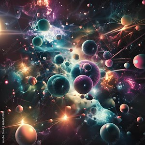 Artistic representation of subatomic particles such as protons, electrons and subatomic particles that are completely interconnected in an abstract and cosmic setting with bright colors and dynamic