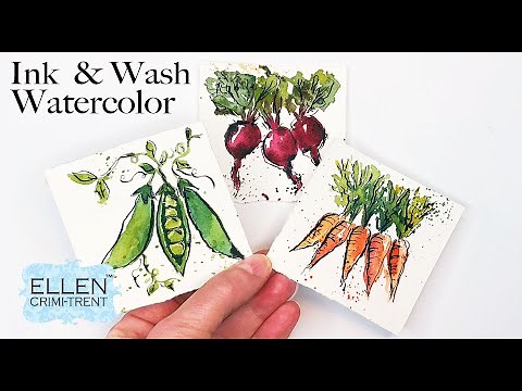 EASY Ink & Wash Watercolor Tutorial for beginners- Mini Monday Madness Veggies