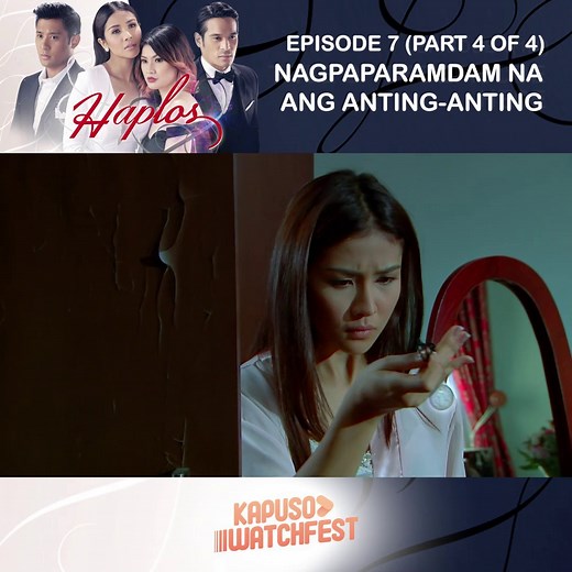 "Haplos: Episode 7 (Part 4 of 4) Isang kakaibang biyaya ang naihandog kay Angela (Sanya Lopez). Ang simpleng haplos niya ang nagsisilbing lunas—maging sakit man ito o mga damdamin. Pero hindi pa niya batid ang tungkol dito. Hindi rin alam ni Angela na may kakambal pala ang kakayanan niyang ito. Lalabas ito sa katauhan ni Lucille (Thea Tolentino), kapatid niya sa labas. Kung panggagamot ang kakayanang makukuha ni Angela, pangungulam naman ang kay Lucille. Magugulo ang tahimik na buhay ni Angela s