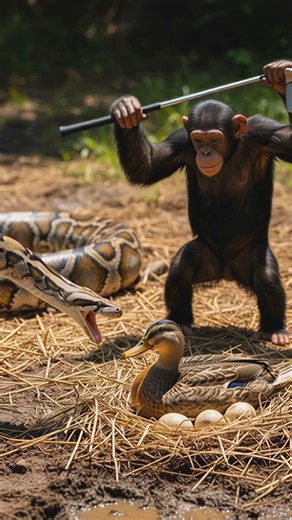 a Python Attacks a Duck… The Chimp Fights Back! #animals #snake #snakeattack #rescue