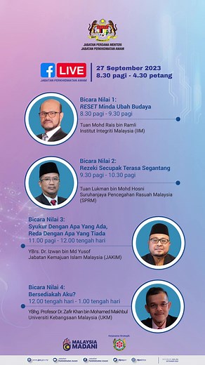 Hari kedua, 27 September 2023. Sertai Facebook Live JPA pada setiap sesi Bicara Nilai sempena Persidangan Psikologi Perkhidmatan Awam Kali Ke-27 Tahun 2023. #MalaysiaMADANI #berkhidmatuntuknegara #GREATcivilservice #JPA #PRISMA | Jabatan Perkhidmatan Awam